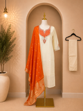 Cream & Orange Premium Shimmer Chanderi 3 Piece Suit