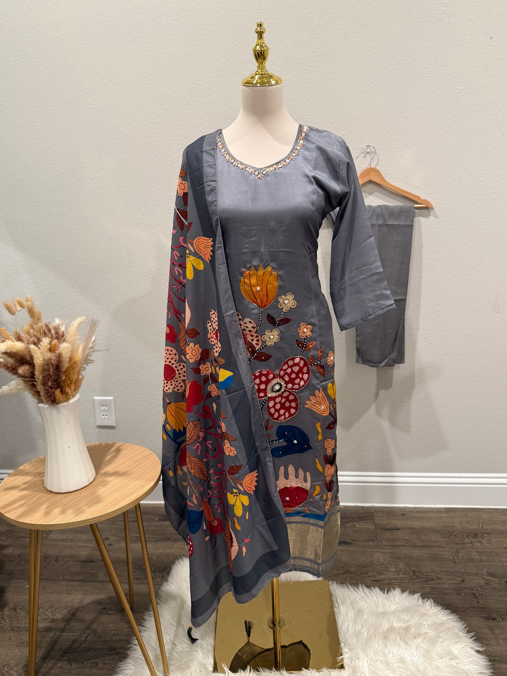 Grey 3 piece silk suit with crepe Dupatta