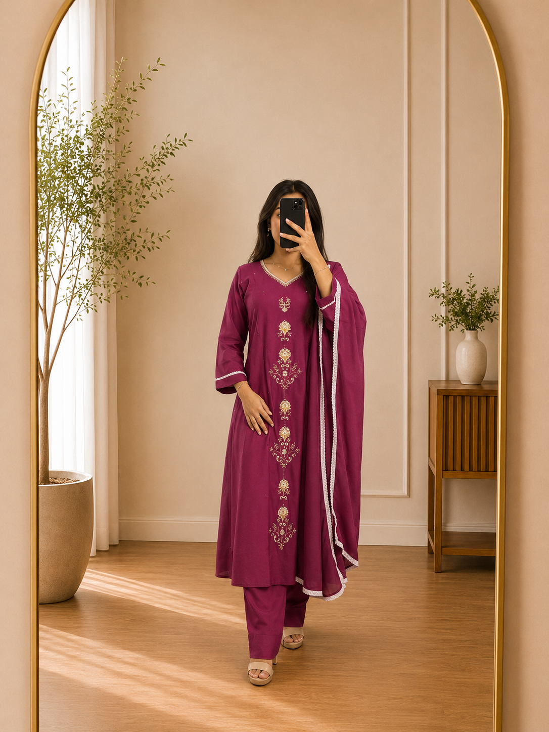 Deep Wine Purple Mul Chanderi Gold Floral Embroidered Suit Set