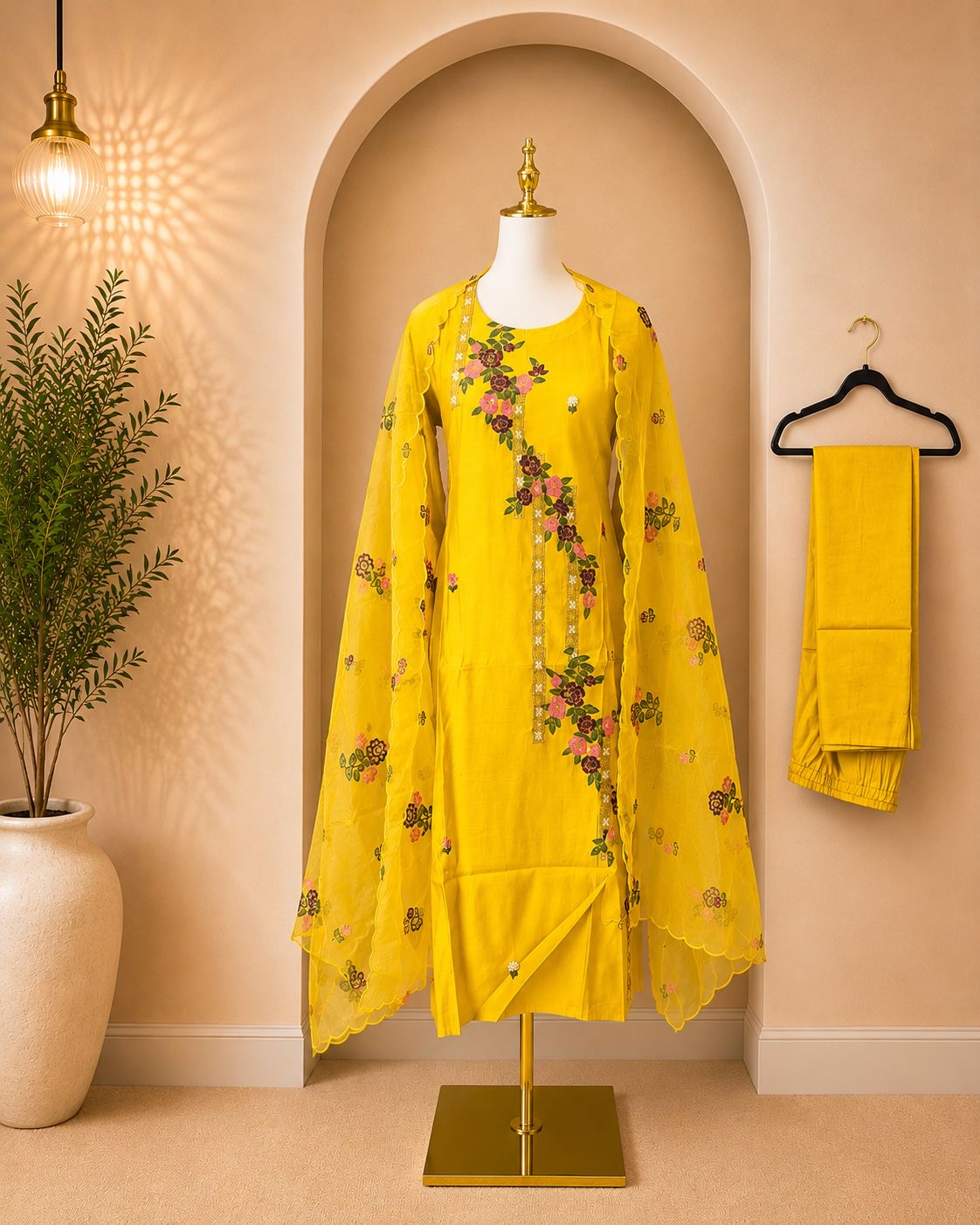Yellow Roman silk 3 piece suit with organza Dupatta