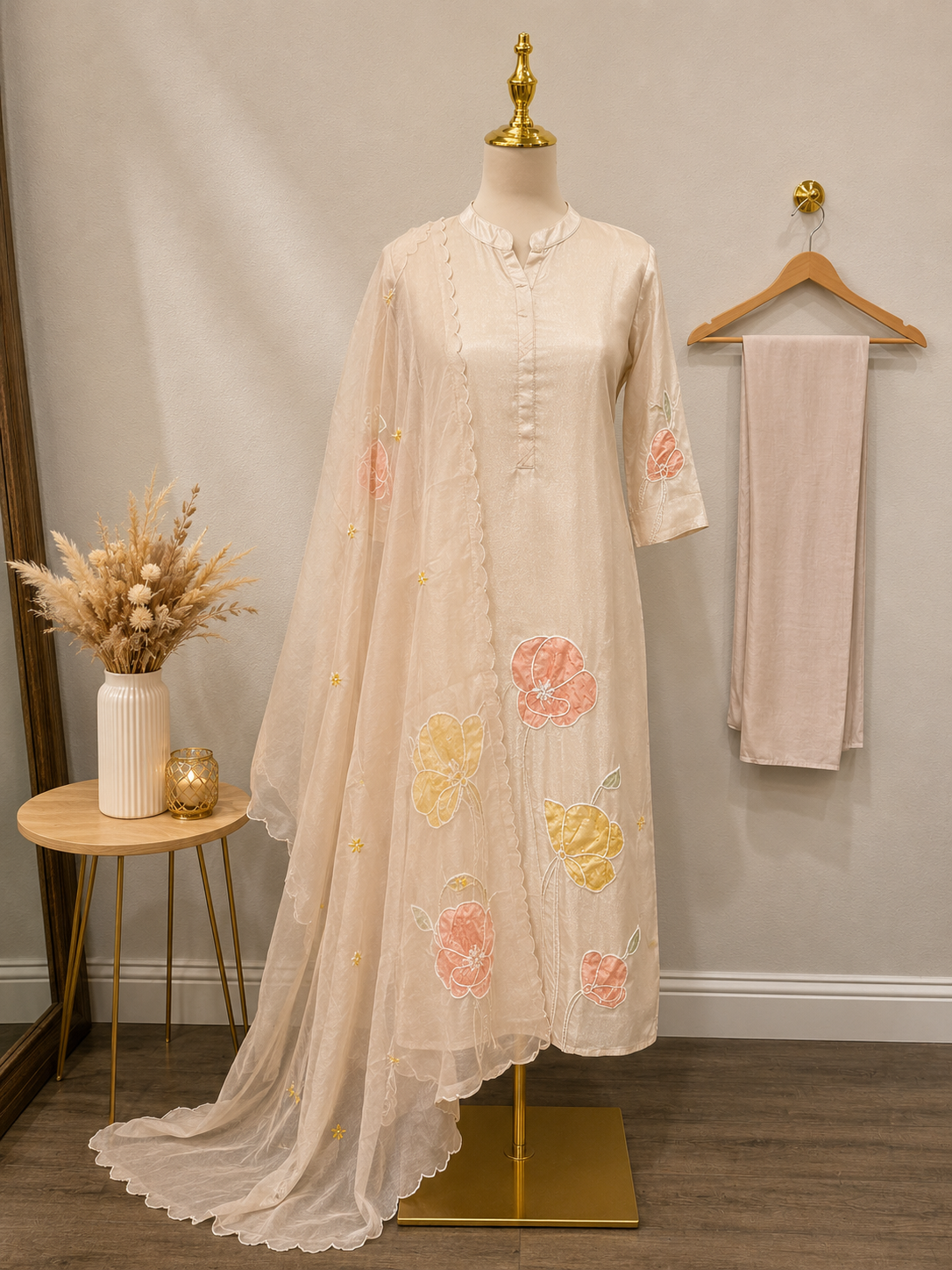 Pearl White Floral Tissue 3 piece Suit