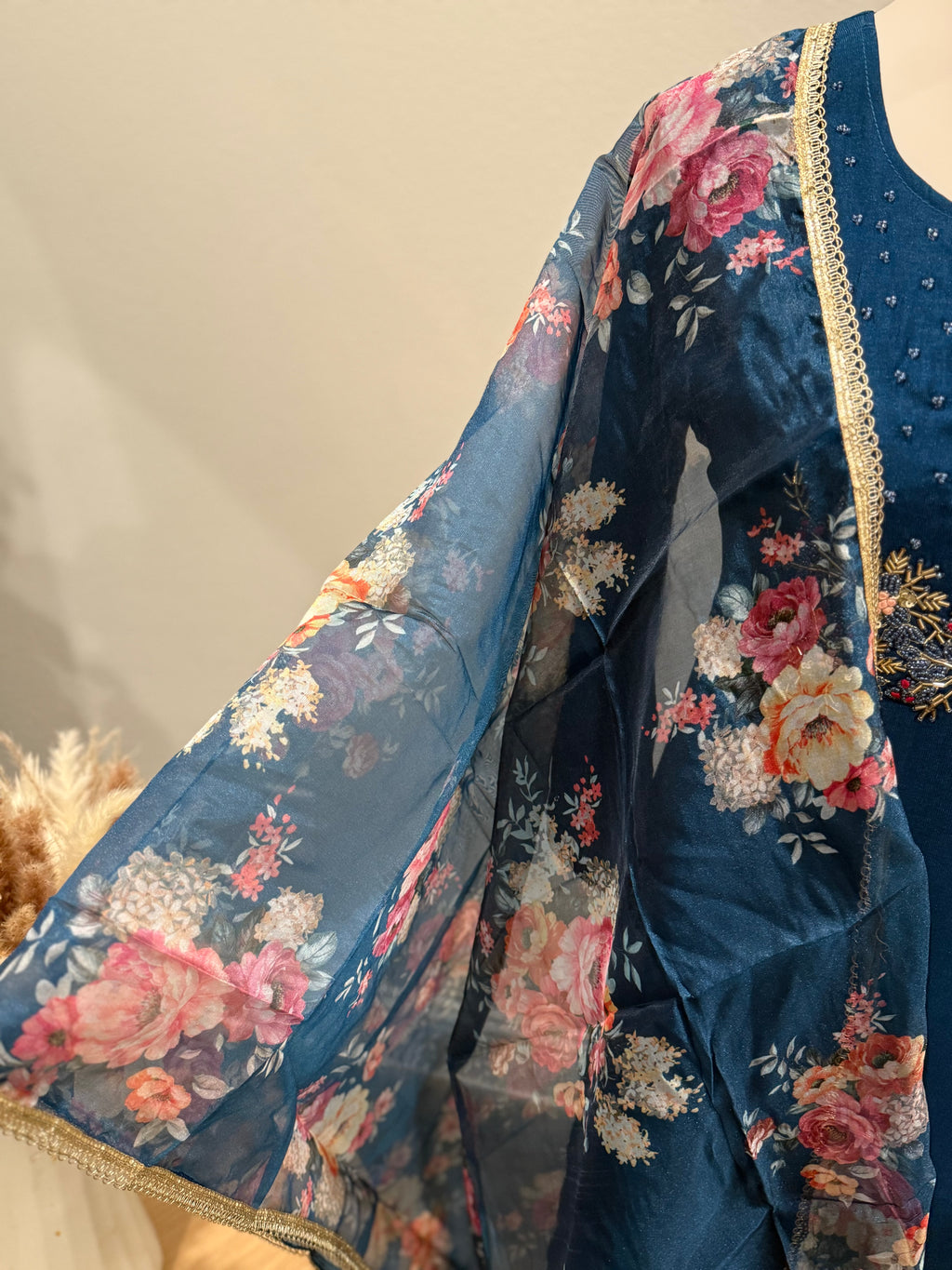 Blue Georgette 3 piece suit with rich organza Dupatta