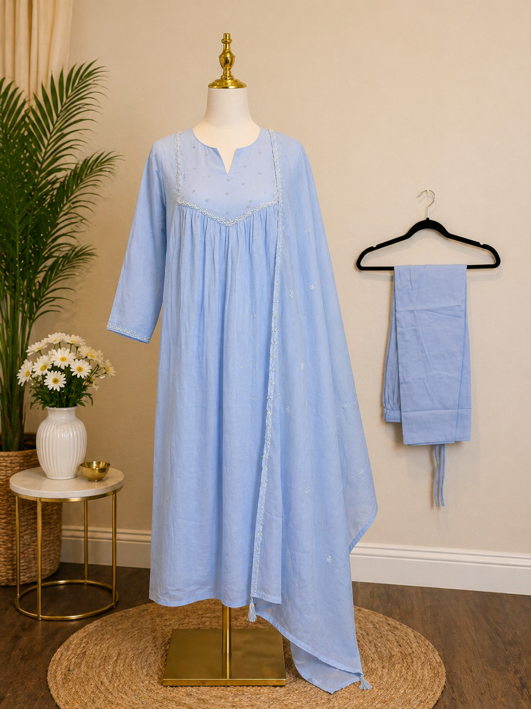 Ice Blue mul cotton 3 piece suit