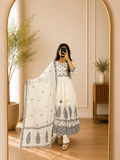 Ivory Indigo Paisley Thread Work Cotton Anarkali Suit Set with Dupatta