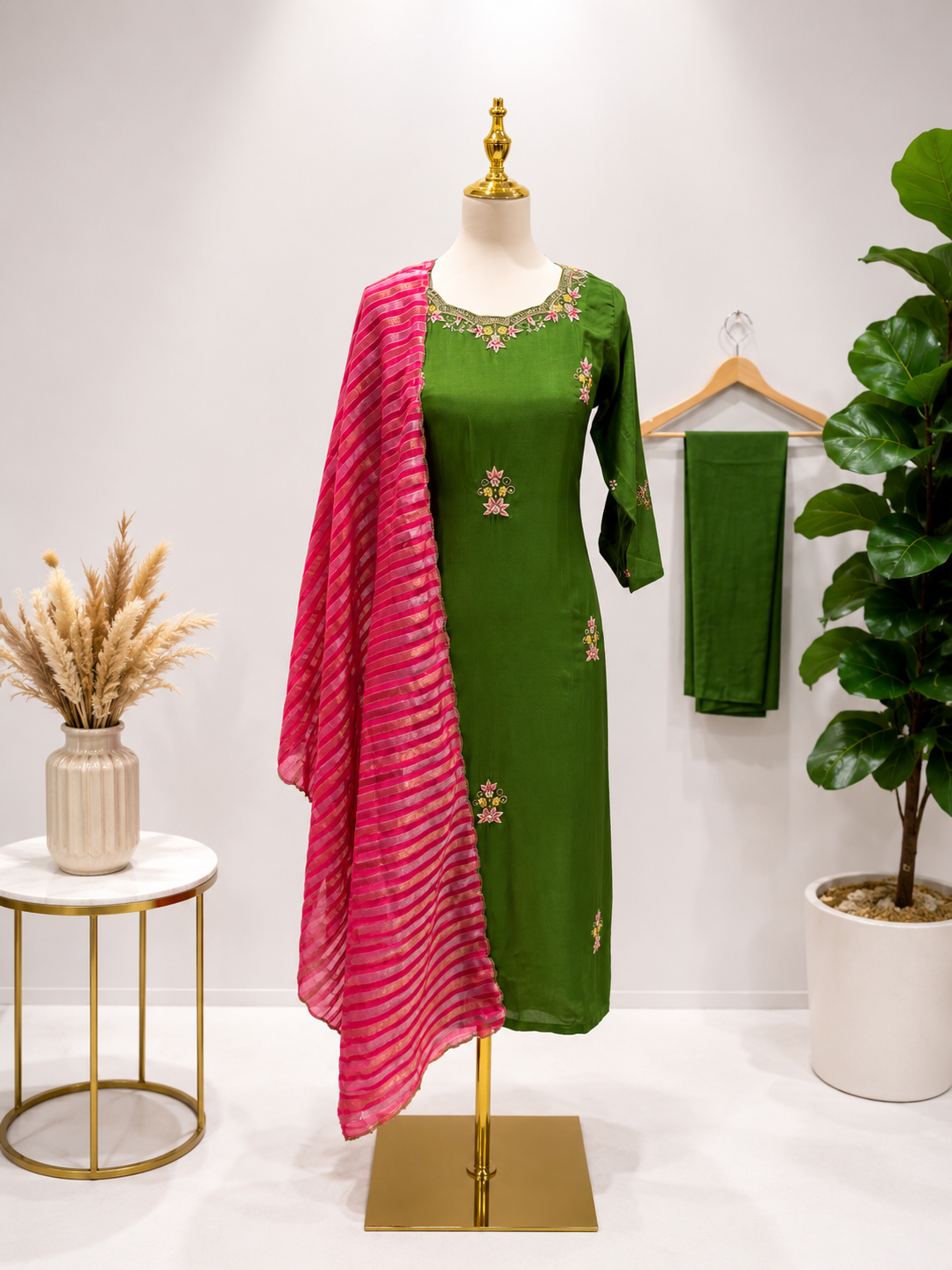 Parrot Green and Pink Chanderi 3 piece suit with elegant Tissue Dupatta
