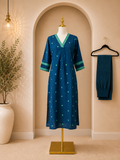 Peacock blue Jamdhani cotton Corod set
