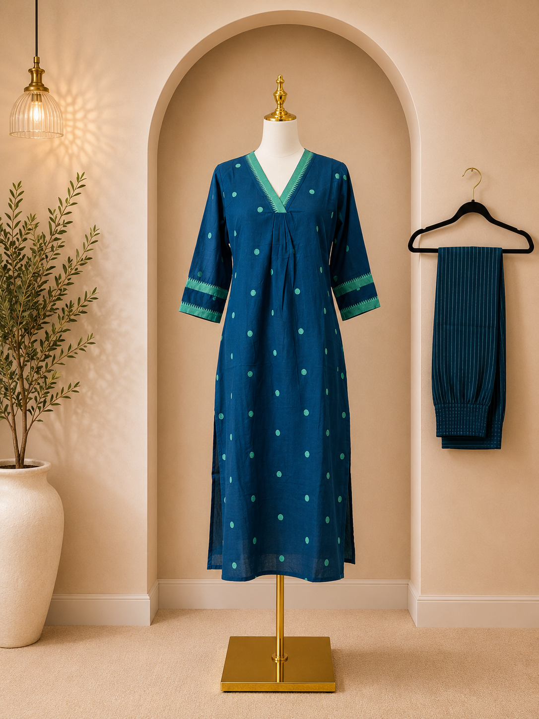 Peacock blue Jamdhani cotton Corod set