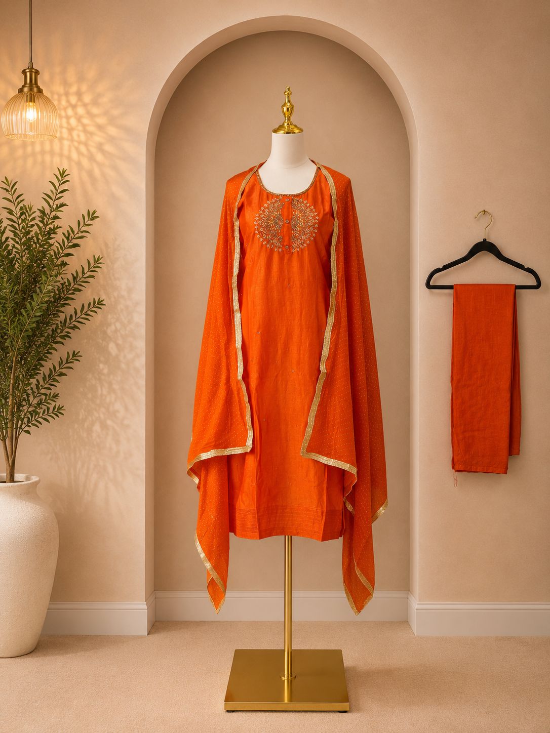 Orange Handwork Striaght Kurta set with Dupatta