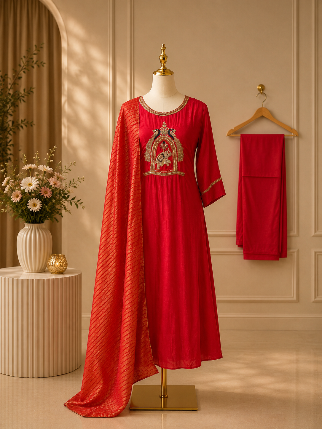 Crimson Peacock Russian Silk  Partywear 3 piece suit Set