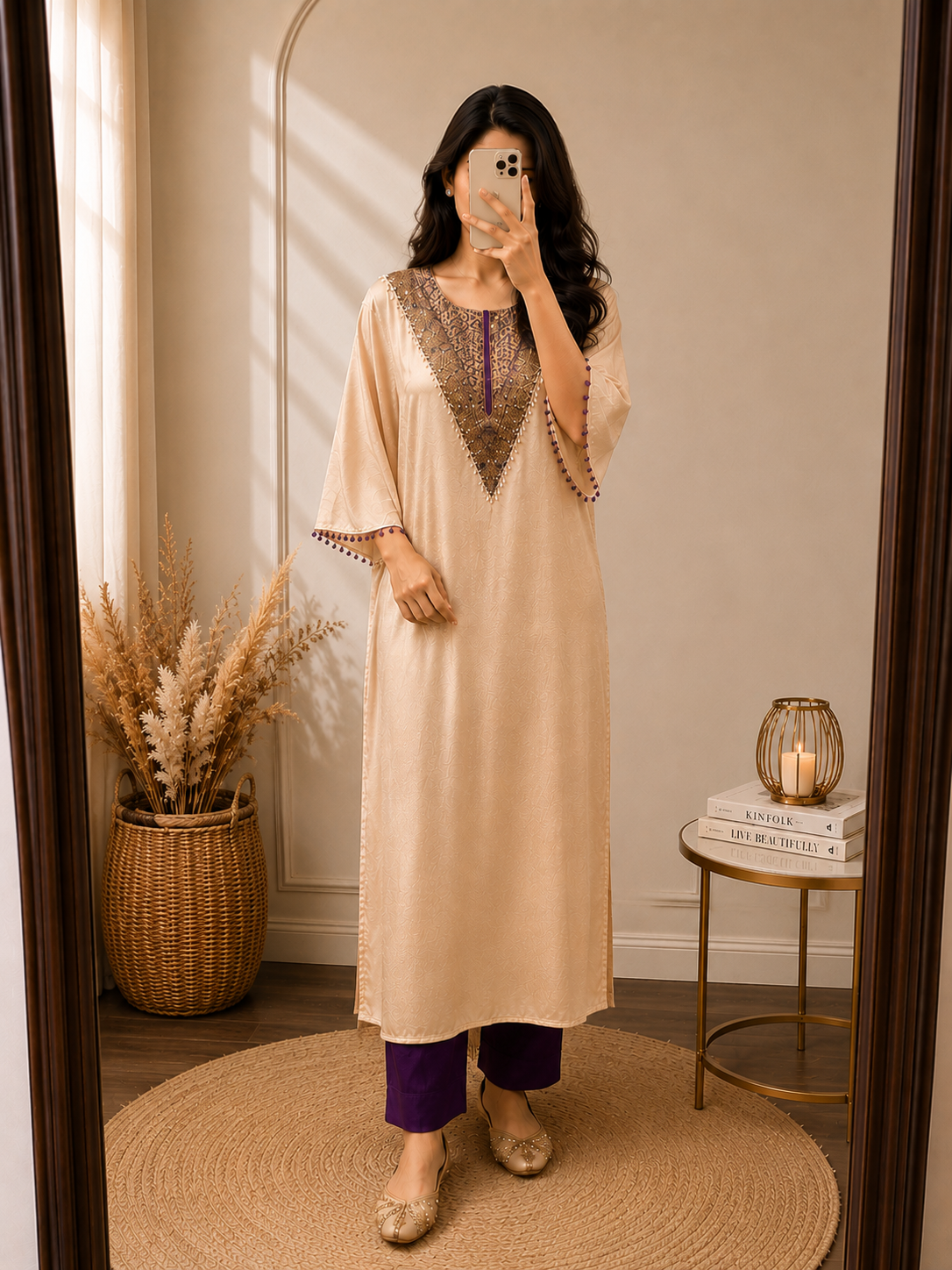 Royal Ivory with purple Kaftan with pearls