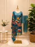 Elegant turquoise silk kurta set with vibrant floral print and soft crepe dupatta