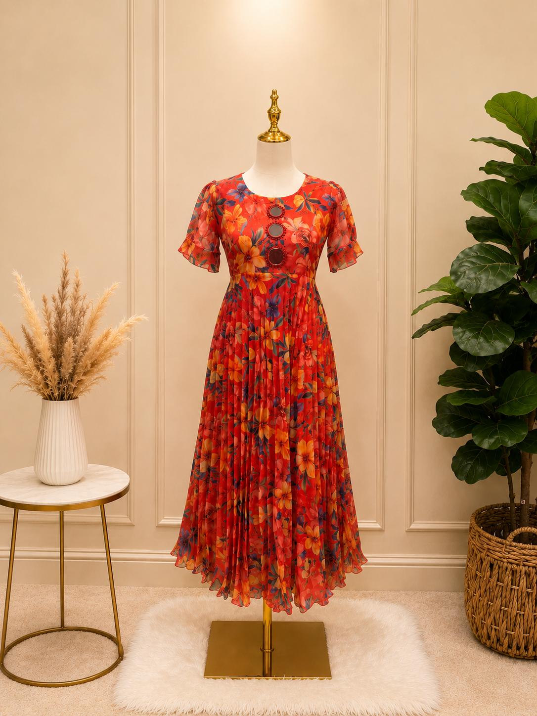 Scarlet Tomato Red Pleated Shimmery Organza Frock