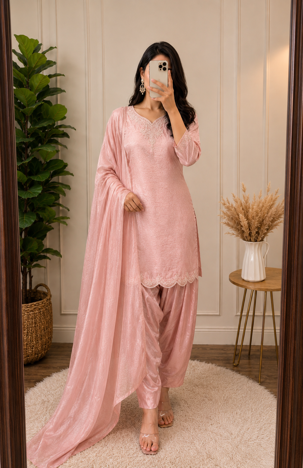 Soft Pink Shimmer Kurta & Dhoti Pant Set with Dupatta ✨