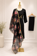 Black Flowy Georgette 3 piece suit with floral organza Dupatta