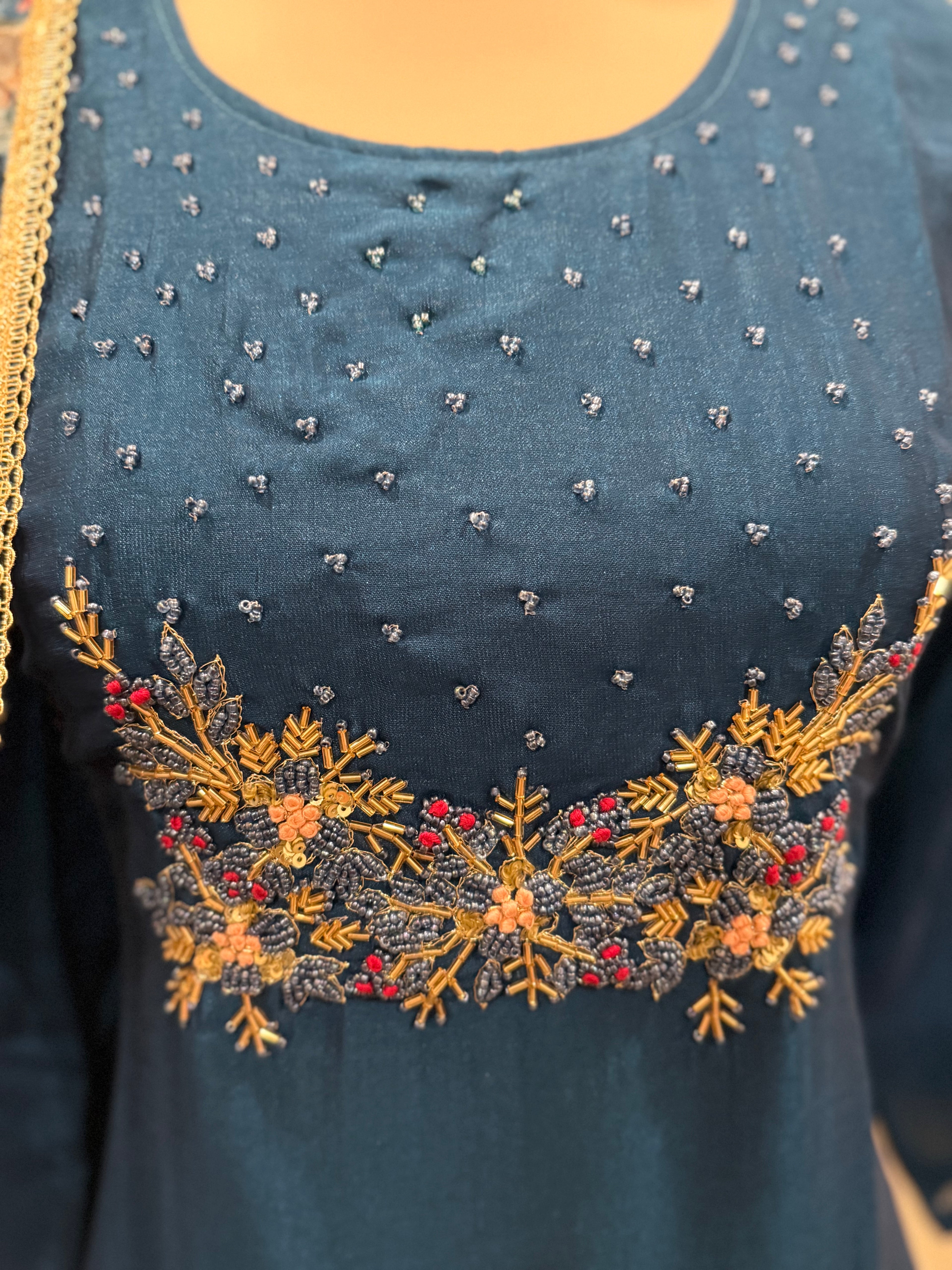 Blue Georgette 3 piece suit with rich organza Dupatta