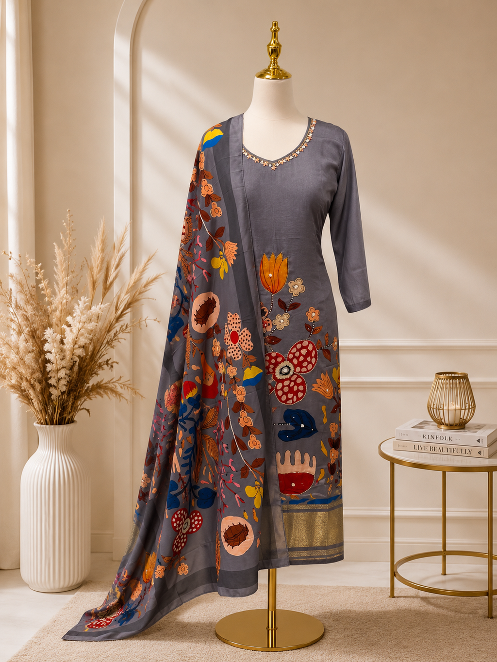 Grey 3 piece silk suit with crepe Dupatta