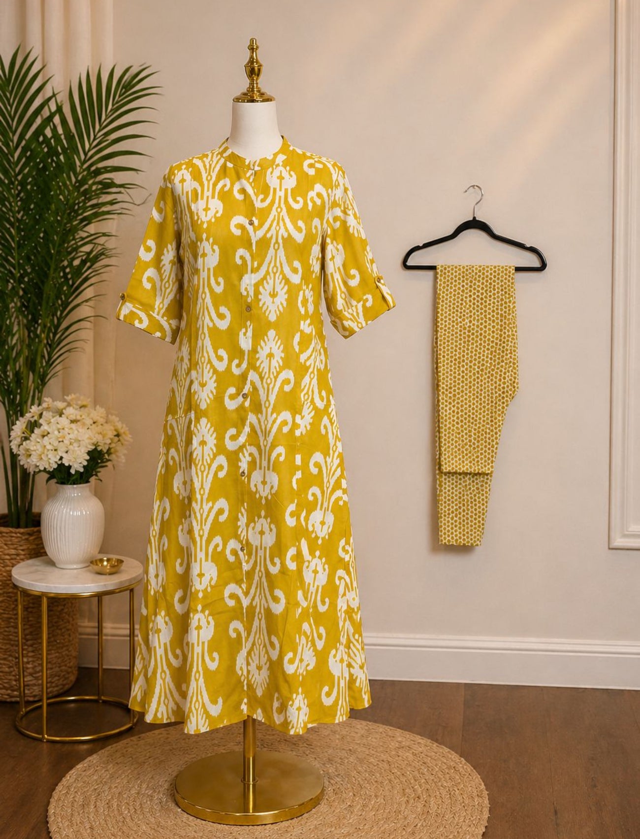Yellow Jaipur cotton Ikkath coord set