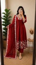 Ruby Red Chinnon Embroidered Suit Set with Floral Dupatta