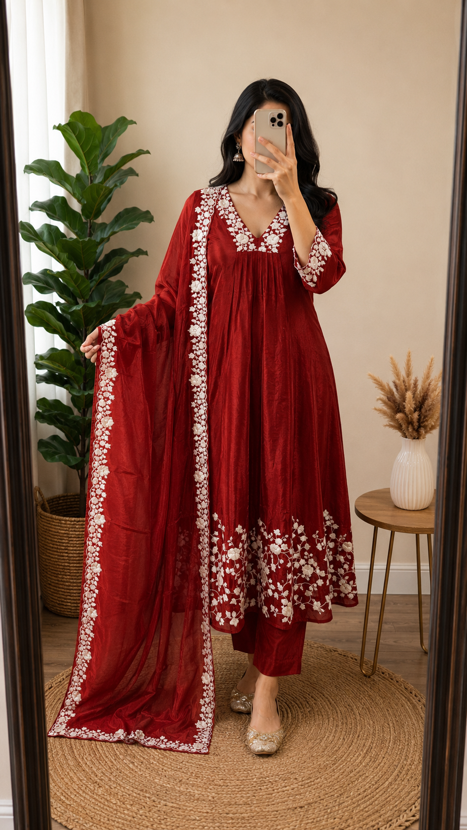 Ruby Red Chinnon Embroidered Suit Set with Floral Dupatta