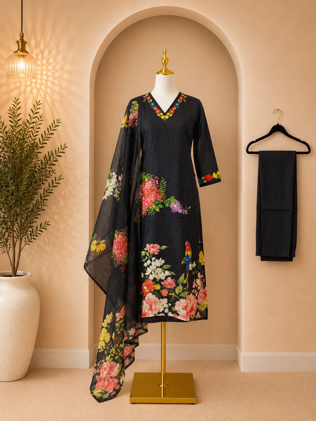 Dhabu cotton Black Floral Printed kurta set with printed Dupatta