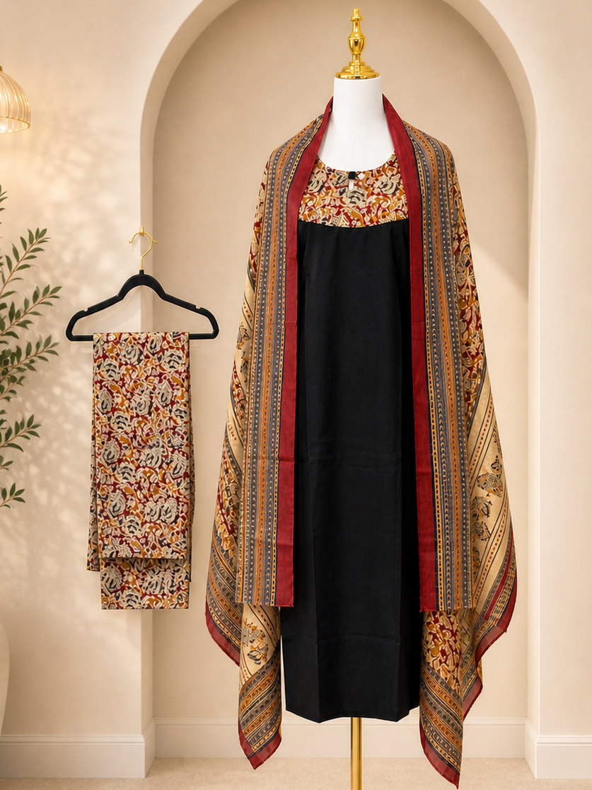Red and Black  3 Piece Suit with Kalamkari Dupatta