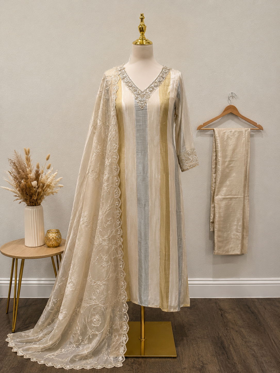 Ivory Gold Tissue Silk Festive Suit Set