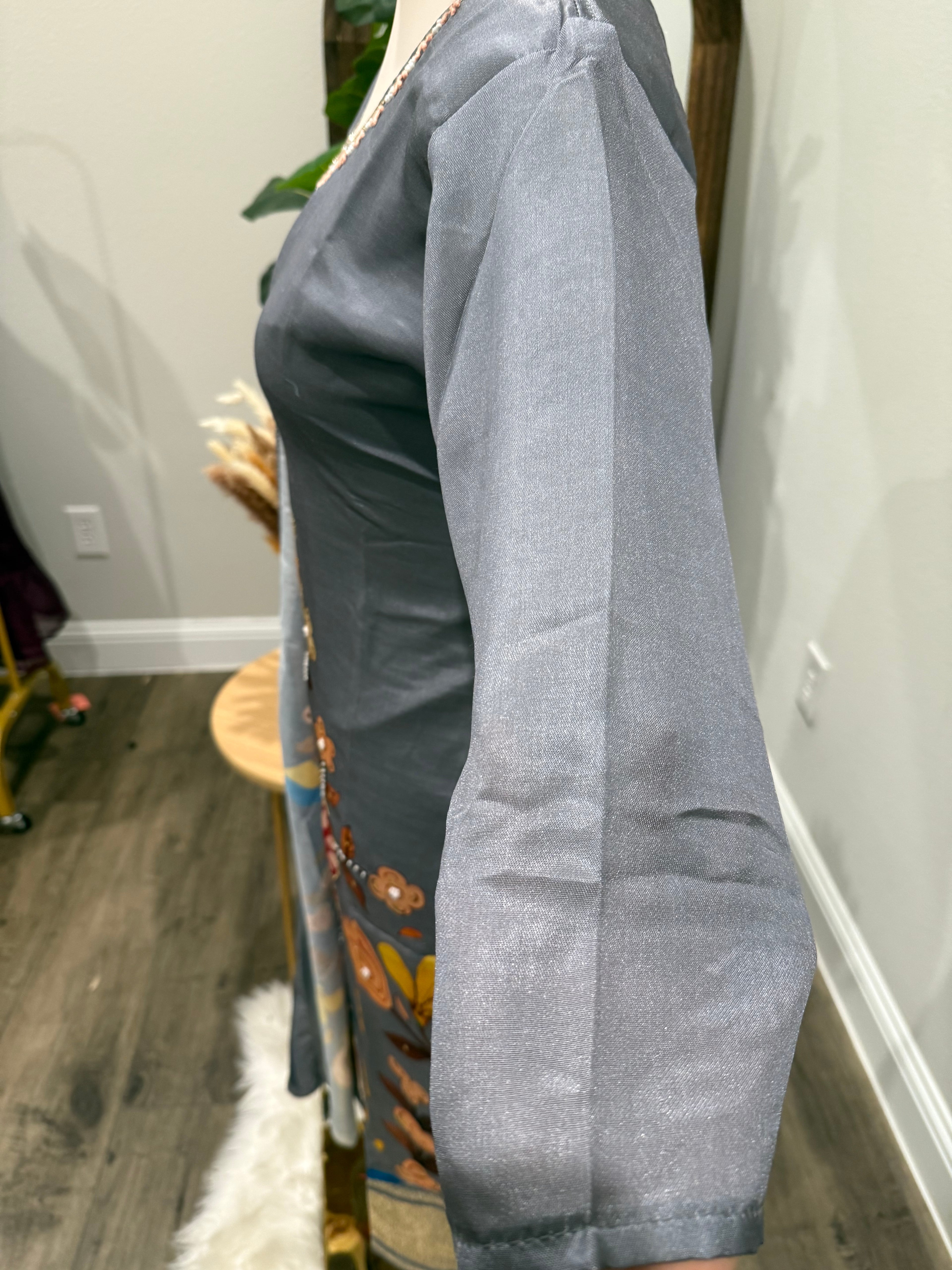 Grey 3 piece silk suit with crepe Dupatta