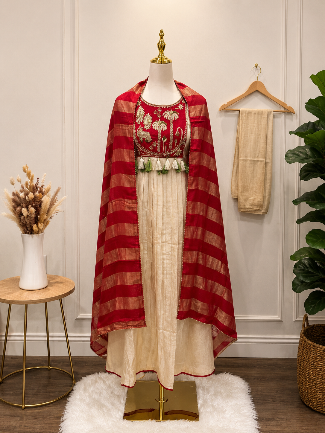 Ivory Red premium part wear suit with Zardosi work and tissue Dupatta