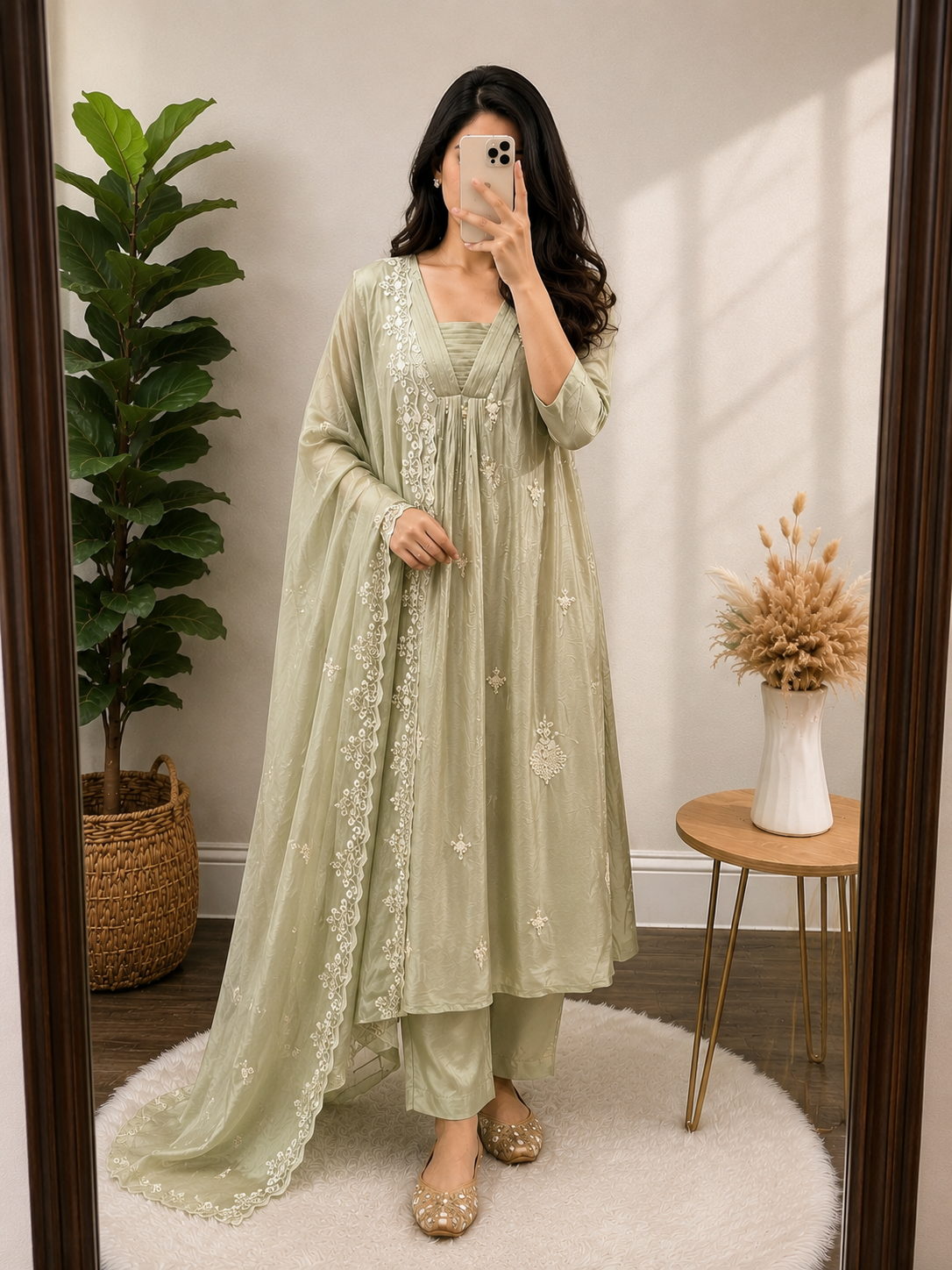 Sage Mist Chinnon Embroidered Anarkali Suit Set with Dupatta ✨