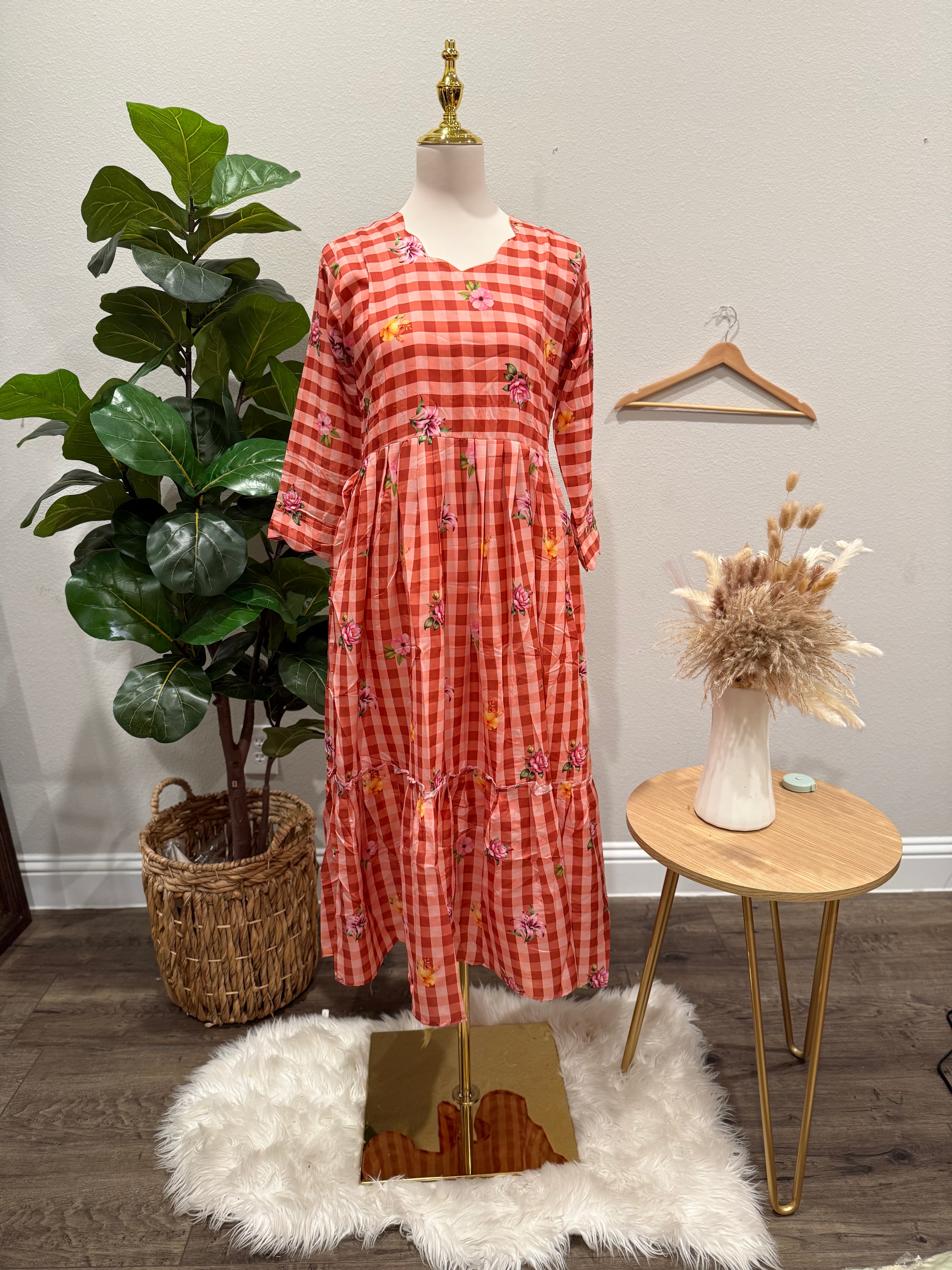Coral Blossom Checks Tiered Frock 🌸