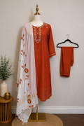 Rust orange Bloom silk Embroidered Suit Set with Dupatta