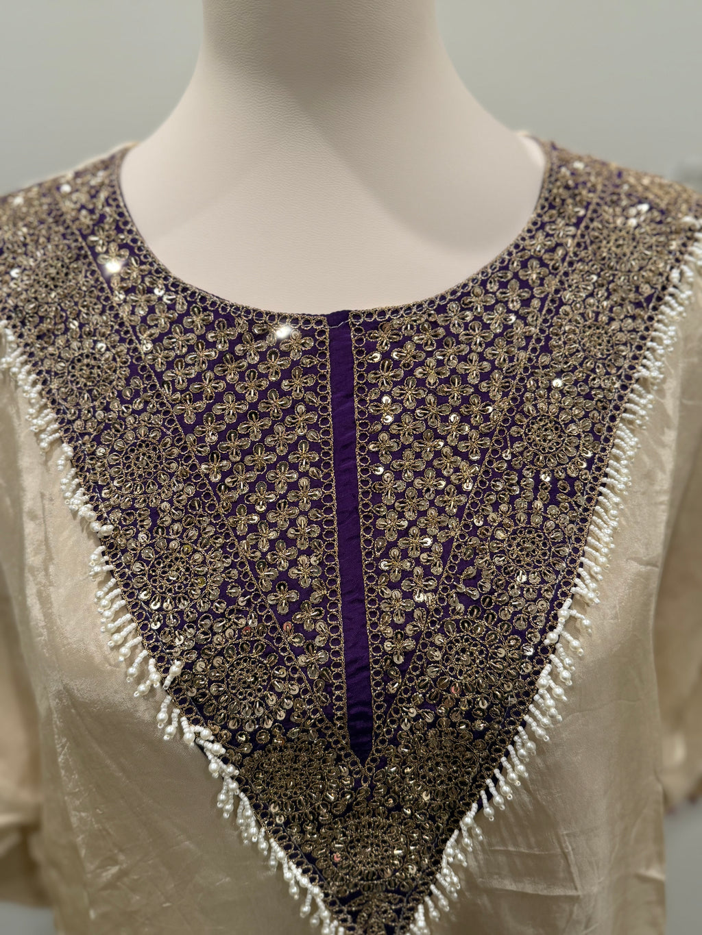 Royal Ivory with purple Kaftan with pearls (Loose fit style — size down for a more fitted look or choose your regular size for a comfortable loose fit)