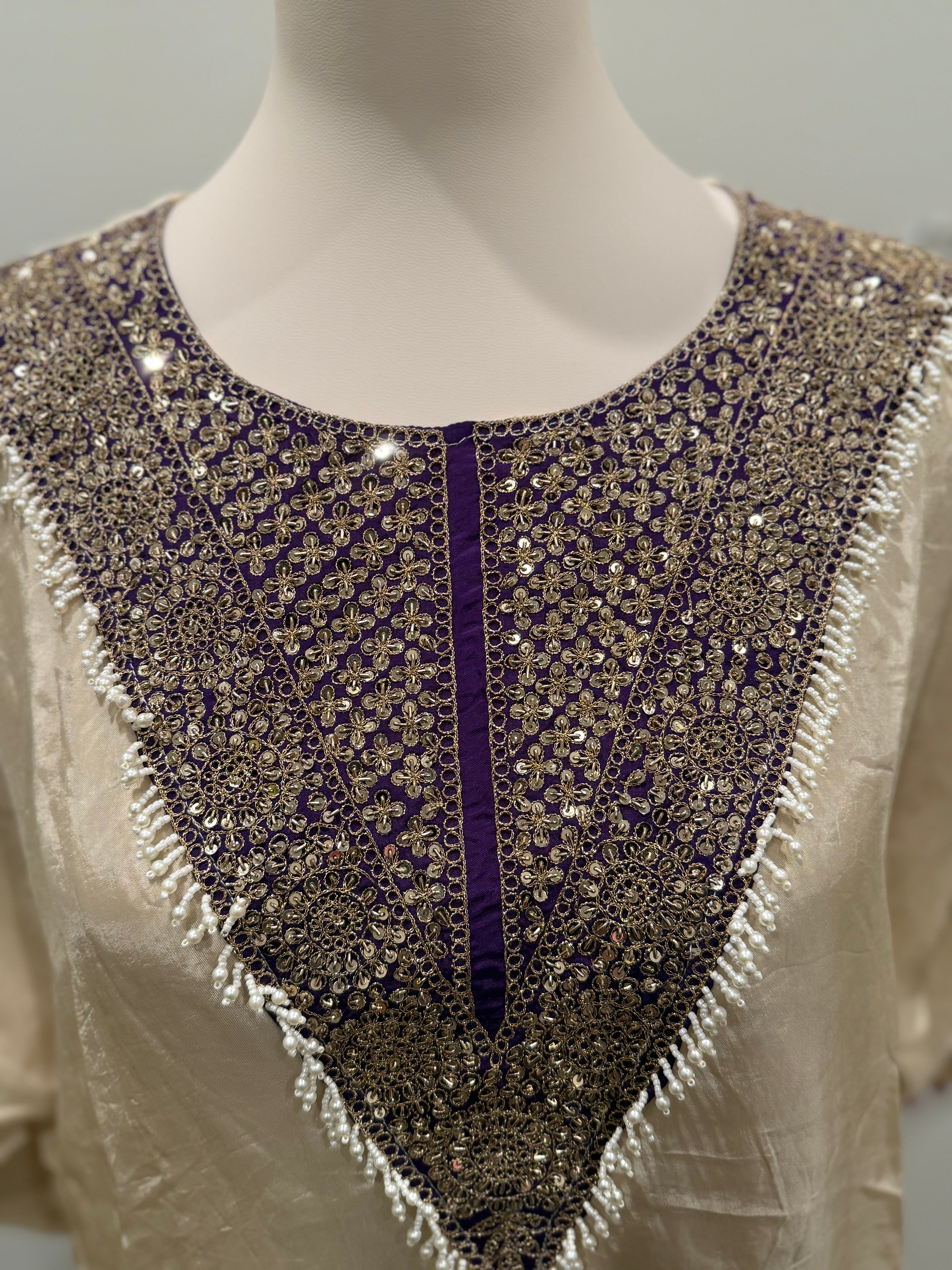Royal Ivory with purple Kaftan with pearls (Loose fit style — size down for a more fitted look or choose your regular size for a comfortable loose fit)