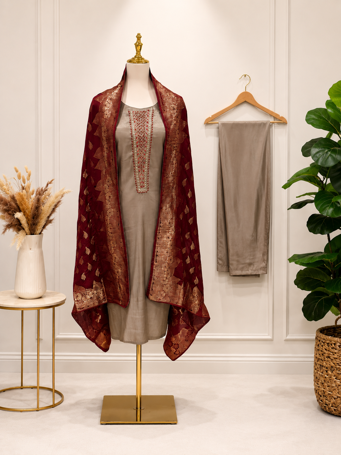 Plus size Taupe Royal 3 piece suit with Banaras Dupatta