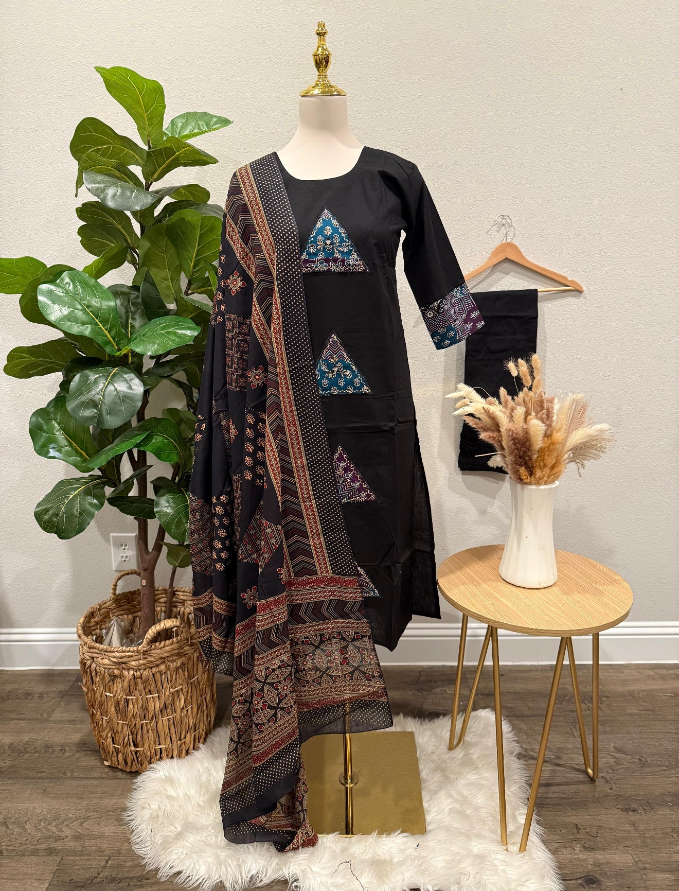 Black Heritage Print Straight Kurta Set with Ajrakh-Inspired Dupatta