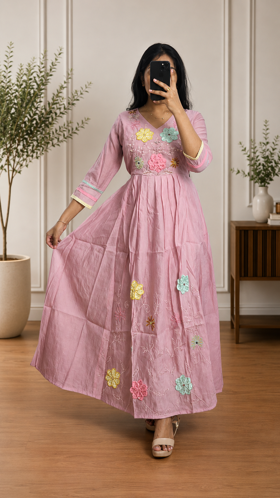 Blush Pink Floral Embroidered Chinnon Anarkali Frock