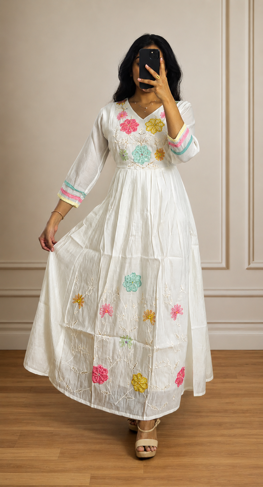 Ivory Floral Embroidered Chinnon Flared Frock