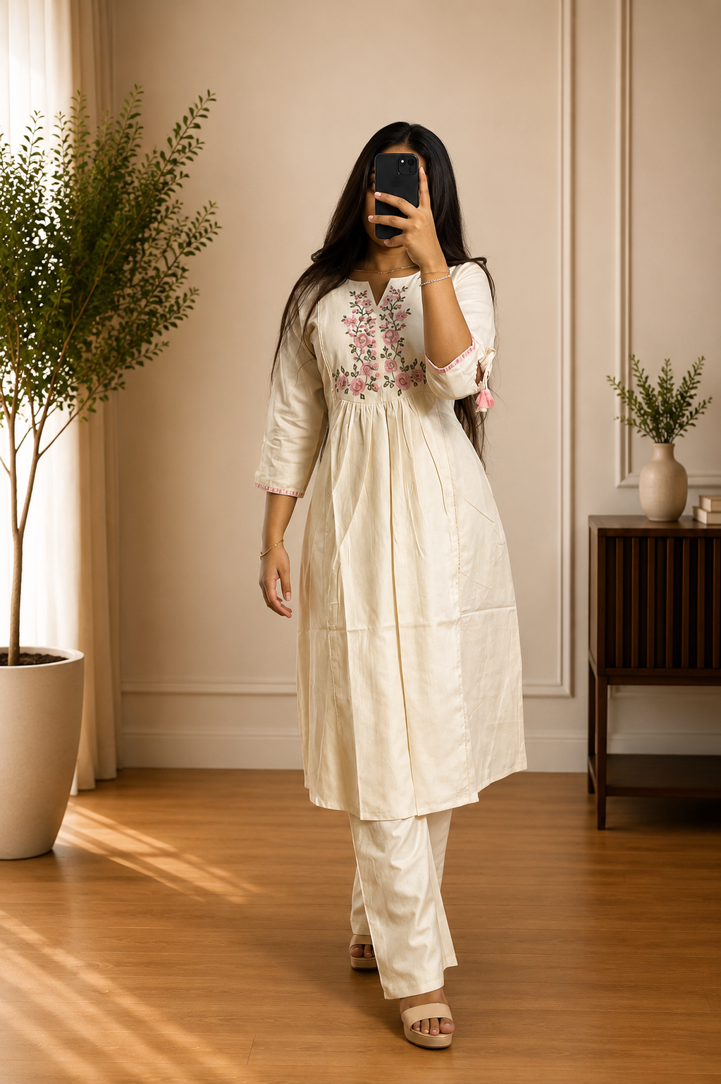 Ivory Floral Embroidered Cotton Anarkali Suit Set