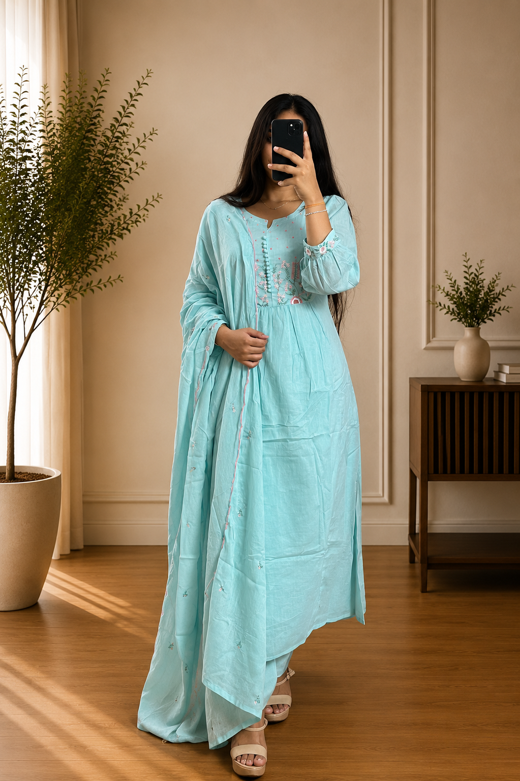 Sky Blue Mul Cotton Floral Thread Embroidered Suit Set with Dupatta