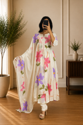 Ivory Floral Printed Mul Cotton Anarkali Suit Set with Dupatta
