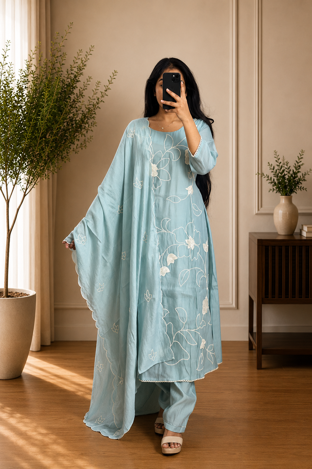 Powder Blue Floral Embroidered Mul Cotton Kurta Set with Dupatta