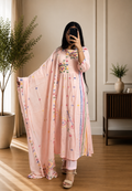 Soft Peach Floral Embroidered Mul Cotton Anarkali Suit Set