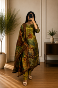 Olive Green Butter Crepe Floral Printed Suit Set with Dupatta