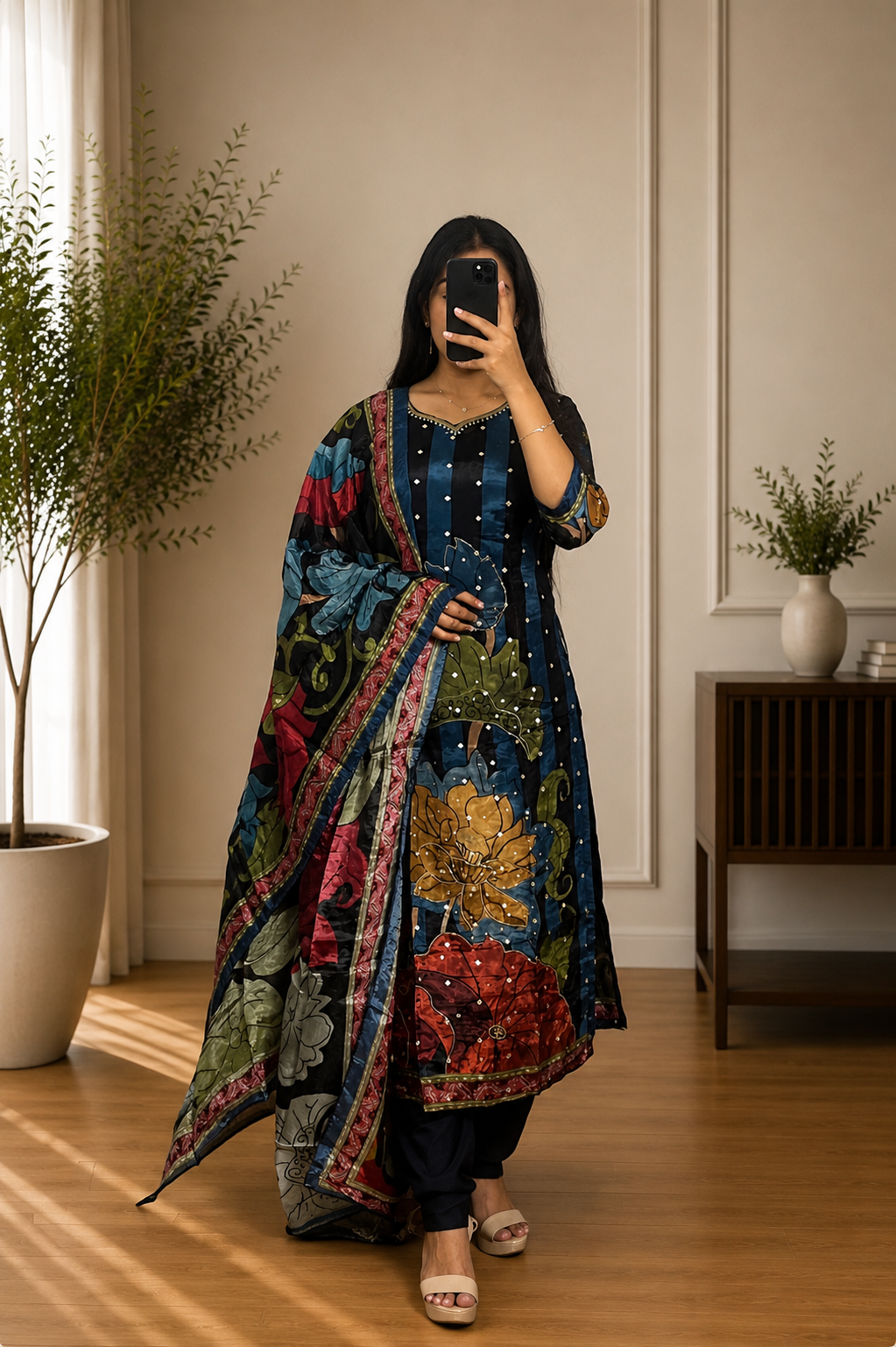 Midnight Navy Butter Crepe Floral Printed Suit Set with Dupatta