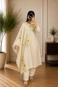 Ivory Cream Mul Chanderi Floral Printed Kurta Set with Dupatta