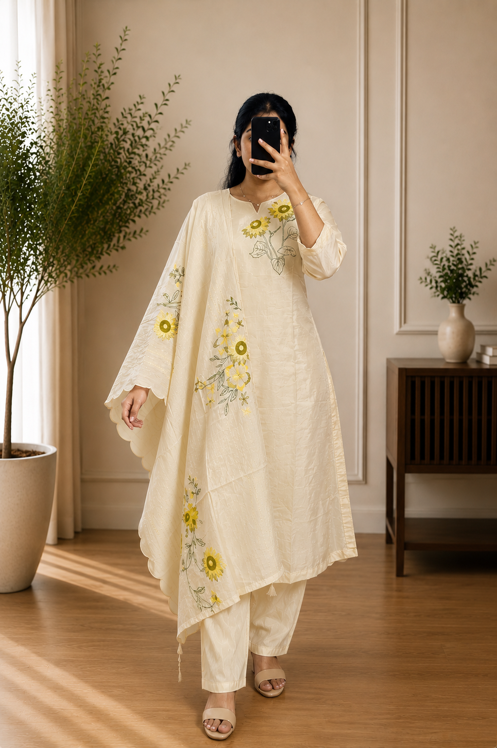 Ivory Cream Mul Chanderi Floral Printed Kurta Set with Dupatta