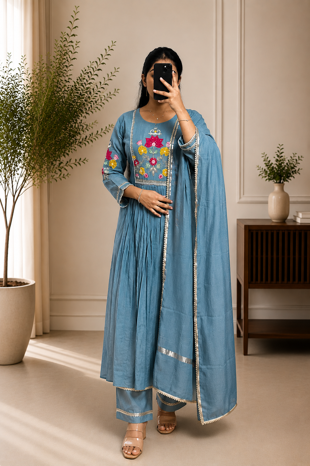 Dusty Sky Blue Mul Chanderi Floral Embroidered Anarkali Suit Set