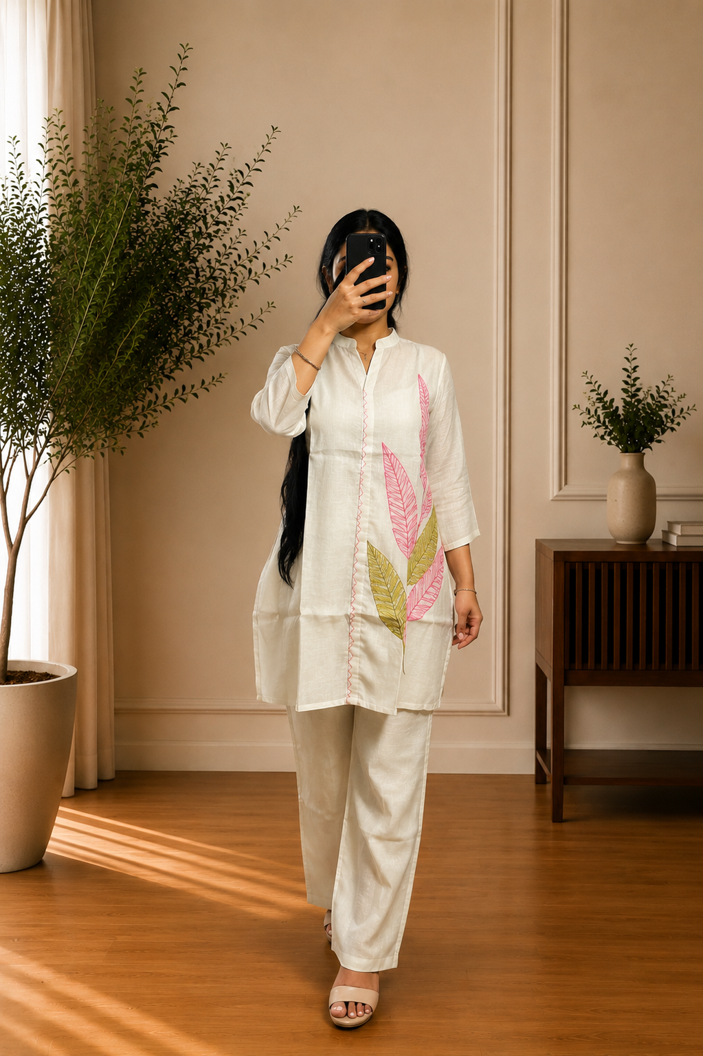 Pastel White Mul Chanderi Leaf Embroidered Co-Ord Set