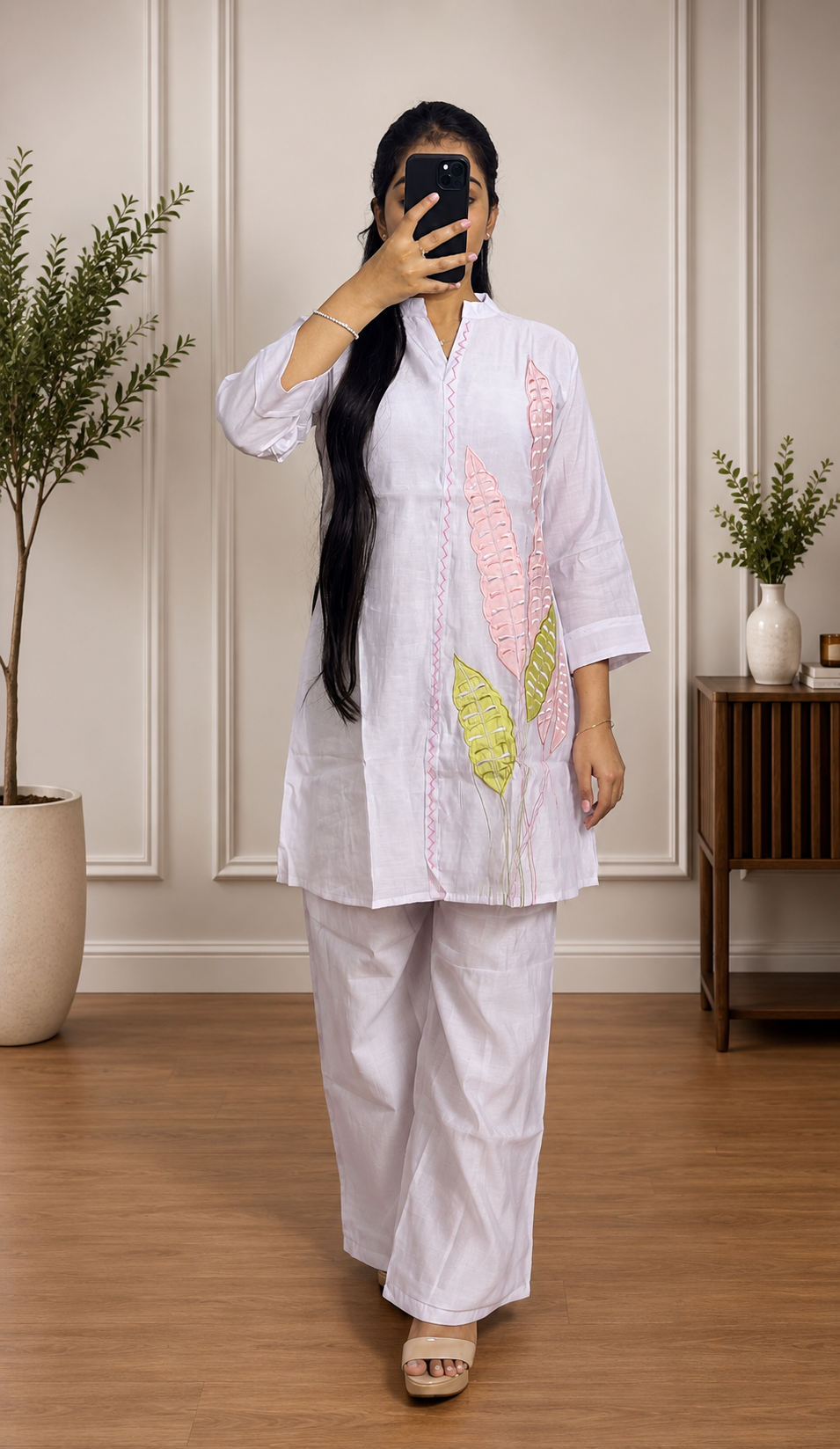 Pastel Lavender Mul Chanderi Leaf  Embroidered Co-Ord Set