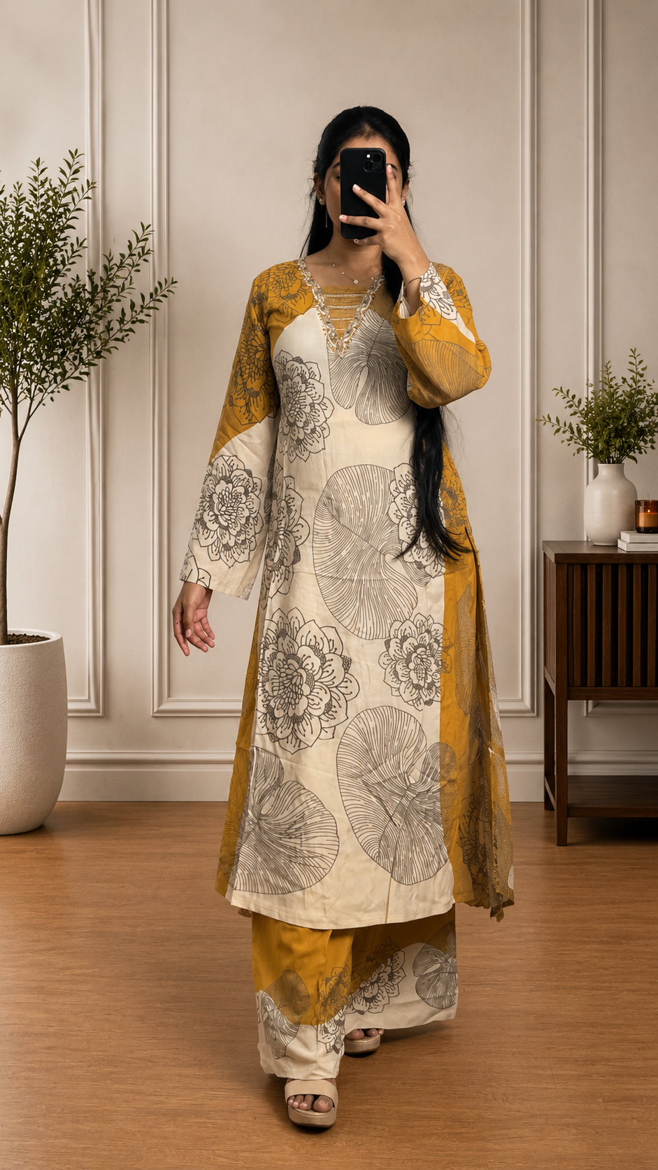 Mustard Yellow & Ivory Botanical Print Rayon Kurta Pant Dupatta Set